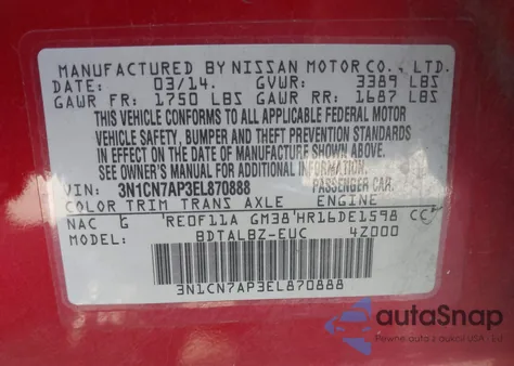 2014 Nissan Versa 1.6 Sv z USA, uszkodzony, nr VIN 3N1CN7AP3EL870888